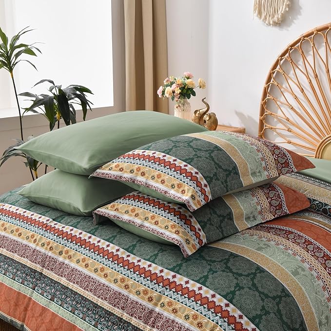 Cottolester Boho Comforter Set King Size,8 Pieces Sage Green and Orange Bohemian Striped Bed in a Bag,Paisley Soft Microfiber Bedding Comforter Set