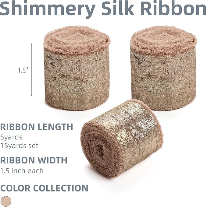 Light Brown Silk Chiffon Ribbon,Frayed Shimmery Silk Ribbon for Bridal Flower Bouquet Christmas Gift Wrapping Wedding Decor Invitations Decorations 1.5" x 15 Yards (5Yards X 3 Rolls)