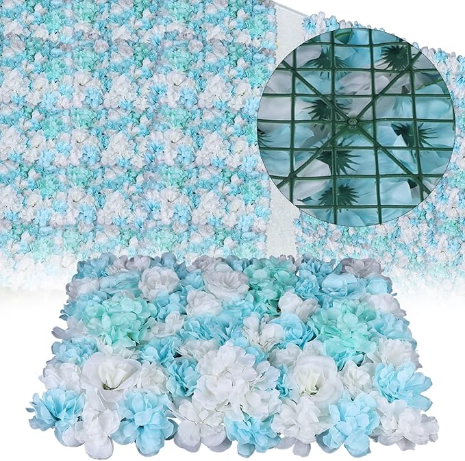12PCS Flower Wall Panels, 3D Silk Floral Wall Backdrop, Realistic Blue Rose Hydrangea Flower Backplanes, Roll Up Fake Flower Background for Valentines Wedding Party Home Decoration