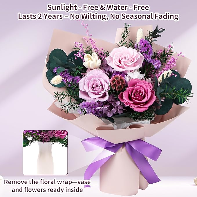 Preserved Flowers Bouquet, Real Eternal Flowers, Gifts For Women, Birthday Gifts For Mom Friends Her Girlfriend Sister, Valentine (Pastel Lilac)