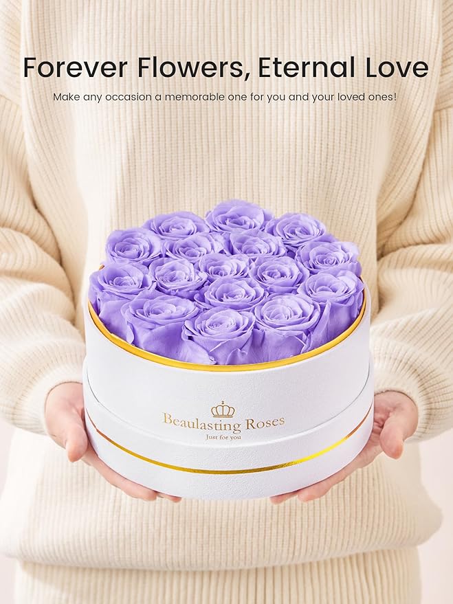 Preserved Roses Forever Flowers Real Roses in a Box Mother's Day Birthday Flowers for Her Mom Women Wife Valentine's Day, 16 Light Purple Roses