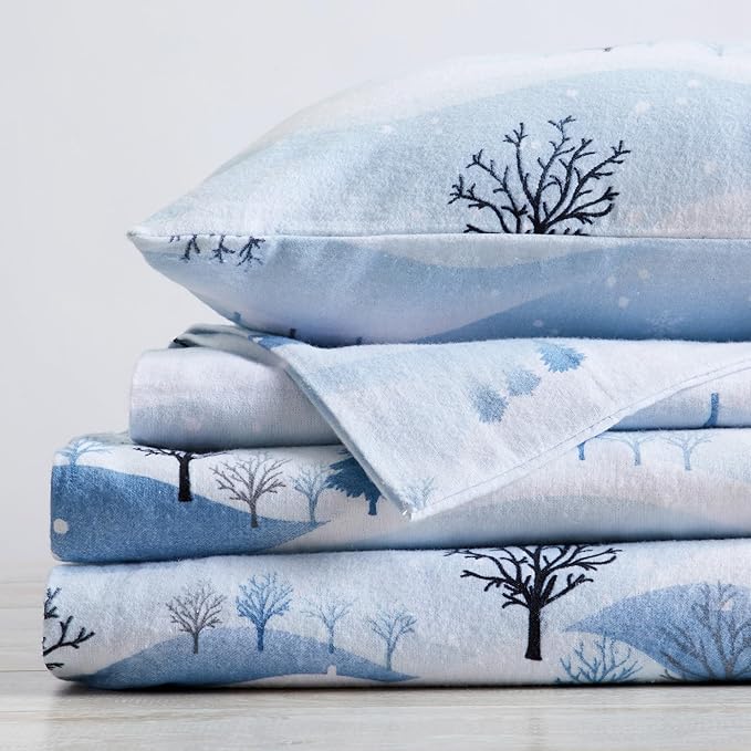 Market & Place 100% Cotton Full Flannel Sheet Set | 4 Piece Deep Pocket Novelty Cozy Winter Bed Sheets | Double Brushed for Extra Softness & Comfort | Alpine Collection (Full, Winter Landscape)