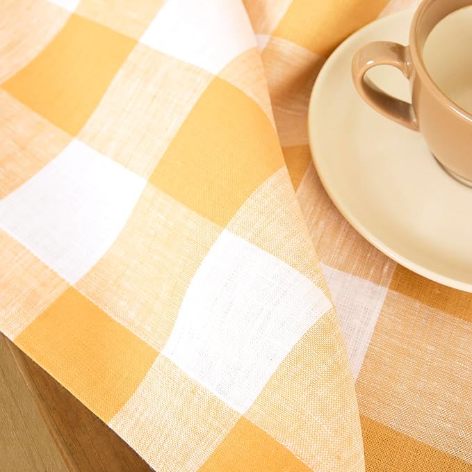 Solino Home Linen Checkered Table Runner 156 Inches Long - 100% Pure Linen Mustard and White Buffalo Check Extra Long Table Runner 14 x 156 Inch Ideal for Dining, Spring, Easter