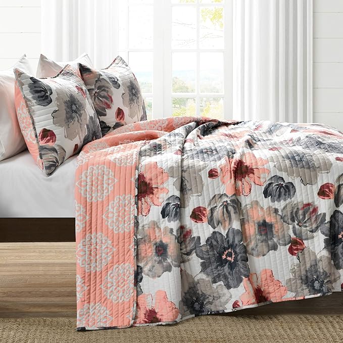 Lush Decor Leah Reversible Floral Quilt Set, 3 Piece Set, Full/Queen, Coral & Gray - Watercolor Botanical - Cottage Core - French Country Decor- Bedding Queen Size