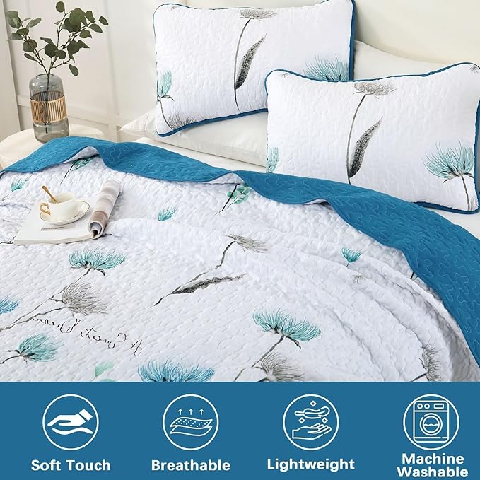 Dinjoy King Size Quilt Set Floral,3 Pieces Teal & White Quilts Coverlet Set Flower Bedspreads Bed Cover Lightweight Grey Quilt Boho Bedding Sets for King Bed All Season110 x90