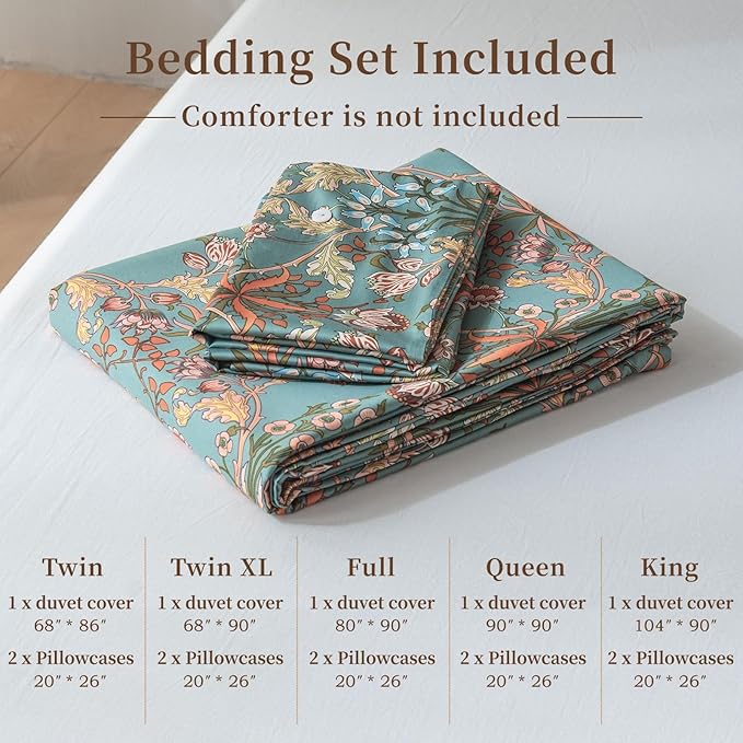 EAVD Vintage Style Botanical Floral Duvet Cover Queen Soft 100% Cotton Garden Floral Bedding Set for children,teens,adults, boys,girls,women&men Boho Floral Comforter Cover with Zipper Closure 4 Ties