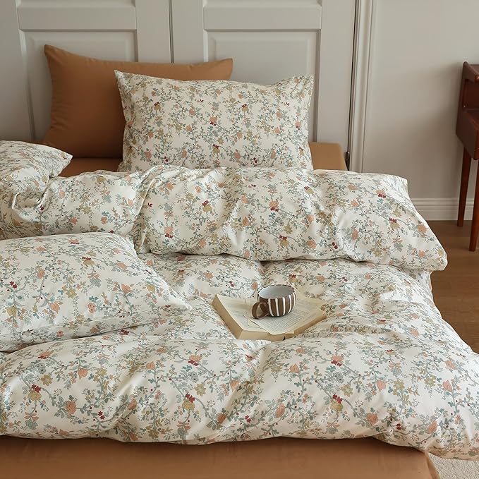 Vintage Style Botanical Floral Duvet Cover Full 3 Pieces Chic Floral Tree Branches Bedding Set Cotton Botanical Flower Duvet Cover with 2 Pillowcases Boho Floral Cottagecore Duvet Covet Full Size