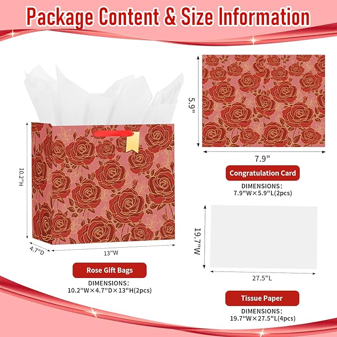 Bloomwords 13" Mother’s Day Gift Bags with Card Tissue(Rose Flower) - Birthdays, Valentine’s, Weddings, Anniversaries, etc. Kit includes Card and Tissue Paper (Red, 2 Piece)