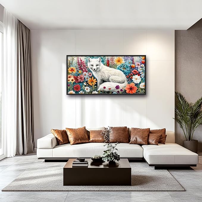 Framed Large Pictures Wall Art for Living Room, White Fox Oversized Wall Decor Animal Floral Canvas Print Painting Modern Extra Large Framed Artwork for Bedroom Office 60"x30"