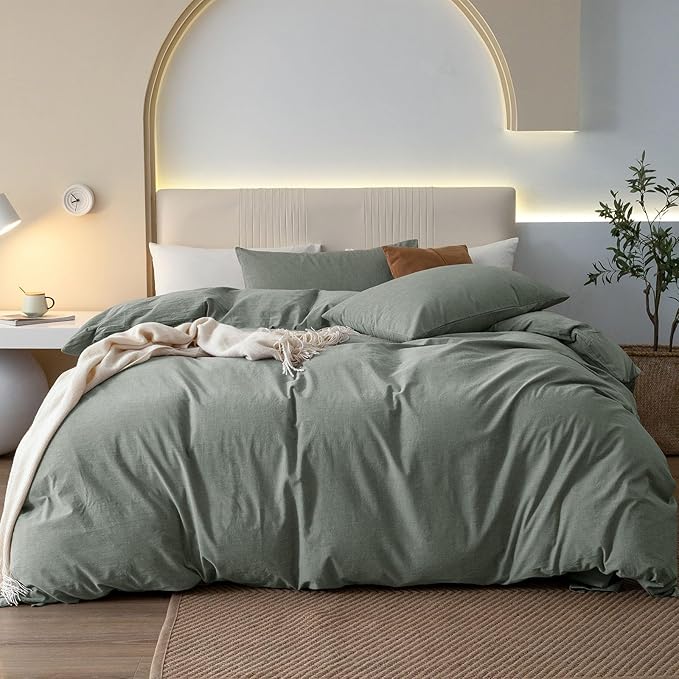JIYUAN 100% Washed Cotton Duvet Cover Set 3 Pieces Super King, 1 Duvet Cover 108x98 Inches(Comforter Not Included) and 2 Pillowcases,Linen Feel Bedding Set Comfy and Breathable, Heathered Green