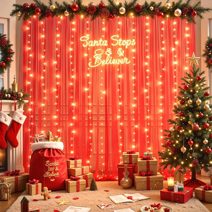 10ft x 10ft Red Tulle Photo Backdrop Curtain with Lights String for Christmas Party Red Sheer Curtain Backdrop Drapes for Birthday Party Wedding Holiday Photo Booth Background Home Room Decorations