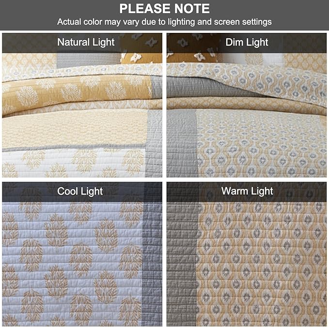 PANGUSHAN Quilt Set Queen Size,100% Cotton Queen Quilt Bedding Set Bedspread,Patchwork Yellow/Gray(Grey) Floral Reversible Quilt Set for Queen Bed,Lightweight Comforter Bed Spread,3 Pieces