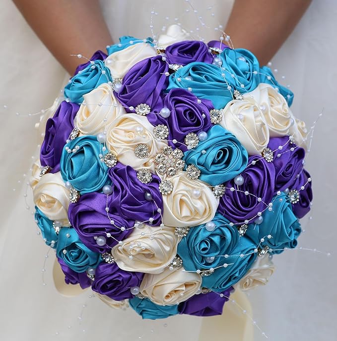 Bridal Wedding Bouquet Round Bling Brooch Bouquet Throw Toss Artificial Rose Flower Bunch for Bride Bridesmaid Wedding Quinceanera(Teal Blue, Purple & Cream, 6.3")