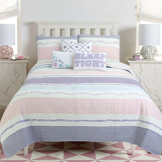 Cozy Line Home Fashions Lavender Blue Pink Ruffles Girl 100% Cotton Reversible Quilt Bedding Set, Coverlet, Bedspread (Lavender Dream, Twin - 2 Piece: 1 Quilt + 1 Sham)
