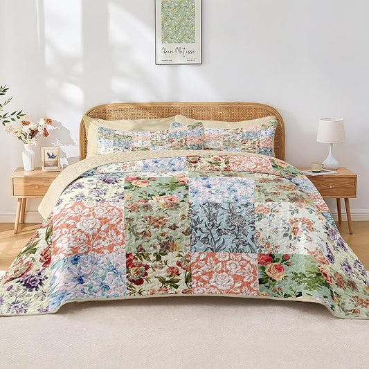 Quilt Set Full/Queen Size, Vintage Patchwork Floral 3 Pcs Soft Bed Cover Bedding Set, Boho Mid Century Lightweight Bedspread Coverlet with 2 Pillow Sham for All Season