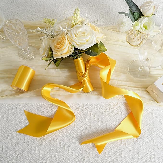 MEEDEE Yellow Satin 3 Inch Ribbon Lux Double Faced Satin Ribbon Wide Fall Autumn Colored Ribbons by 10 Yards Yellow Ribbons for Christmas Tree, Weddings, Flower Bouquet, Wreath Bow Making