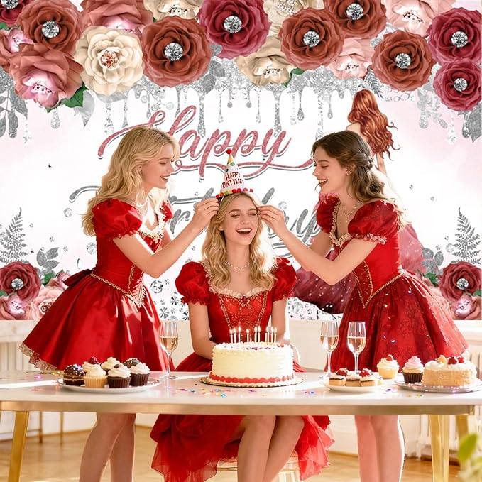 AOFOTO Happy Birthday Backdrop Red Beige Pink Rose Floral Diamond Print Photography Background for Women Girls Birthday Party Banner Home Wall Decor Photo Studio Booth Props 10x7ft
