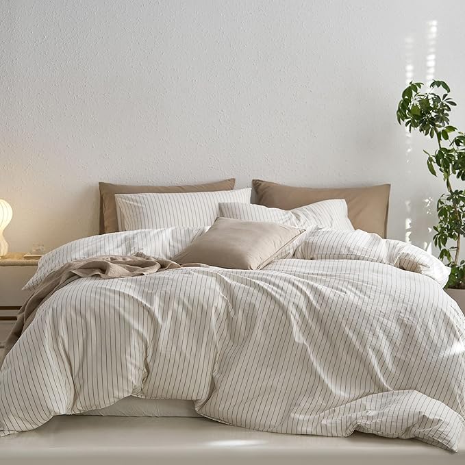 MooMee Striped Duvet Cover Set 100% Washed Cotton Linen Like Textured Breathable Durable Soft Comfy (White Tannish Linen Grey Wide Stripes, Oversized Queen 98"x98")