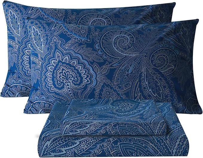 Bedlifes Queen Size Extra Deep Pocket Sheet Sets - Fits Mattresses Up to 18-24" Thick, 4-Piece Microfiber Set with 1800 Thread Count, Soft, Smooth, Breathable, Featuring Paisley Dark Navy Blue