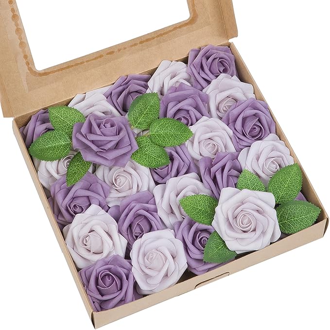 Meldel Artificial Flowers 50pcs Real Looking Dusty Violet Pale Lavender Foam Fake Roses with Stems for DIY Wedding Bouquets Bridal Shower Centerpieces Floral Arrangements Home Decorations Bulk Rose