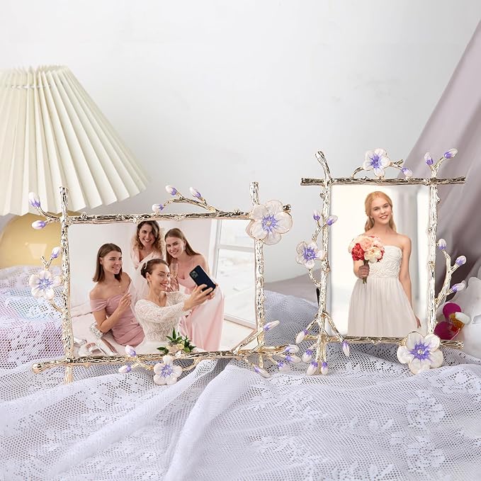 8x10 Purple Floral Picture Frame Vintage Gold Photo Frame with Glass Front, Ornate Antique Tabletop Art Desktop Home Office Decor Gold Metal Frame, Unique Gifts for Women Wedding Mothers Day