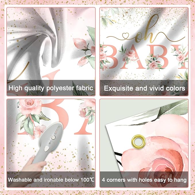 Mocsicka Oh Baby Backdrop Banner Girl Baby Shower Background Pink Floral Oh Baby Baby Shower Party Decorations Photo Booth Props (Pink, 6x3.6ft)