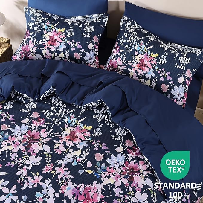 Dobuyly Queen Comforter Set, 7 Pieces Navy Blue Floral Comforter Set, Bed in a Bag Queen with Botanical Flowers Pattern, All Season Farmhouse Queen Size Bedding Set with Sheets, Pillowcases & Shams