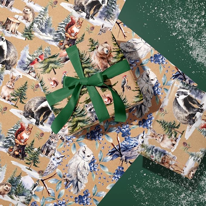 WRAPAHOLIC Kraft Christmas Wrapping Paper Roll - Mini Roll - 3 Rolls - 17 Inch x 120 Inch Per Roll - Wild Animals Winterfall Watercolor Holiday Collection