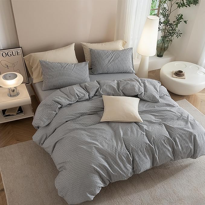 JIYUAN 100% Washed Cotton Striped Duvet Cover Set 3 Pieces Queen, 1 Duvet Cover and 2 Pillowcases(Comforter Not Included),Linen Like Comfy and Breathable,Pinstripes-Heathered Dark Grey White