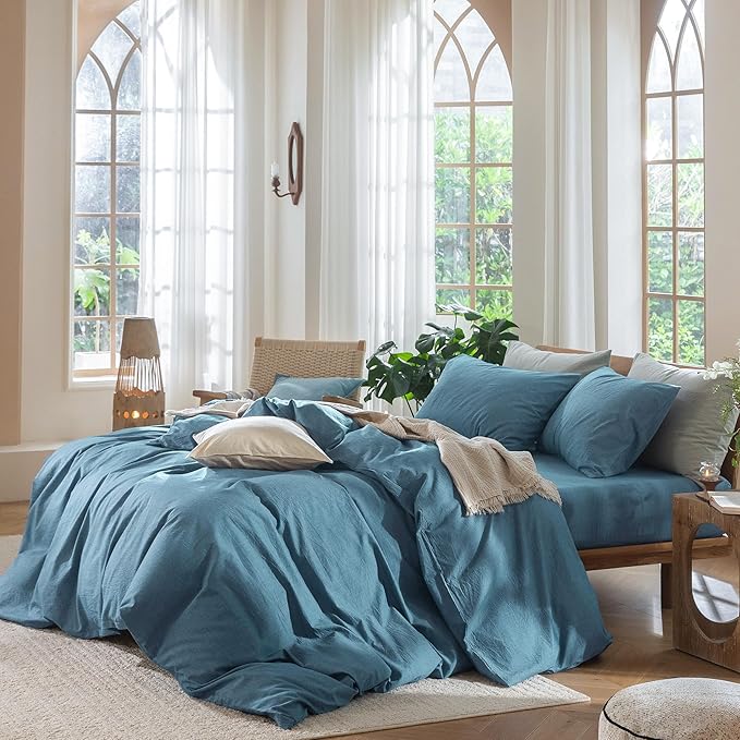 MooMee Bedding Duvet Cover Set 100% Washed Cotton Linen Like Textured Breathable Durable Soft Comfy (Heathered Peacock Blue, Queen 90"x90")
