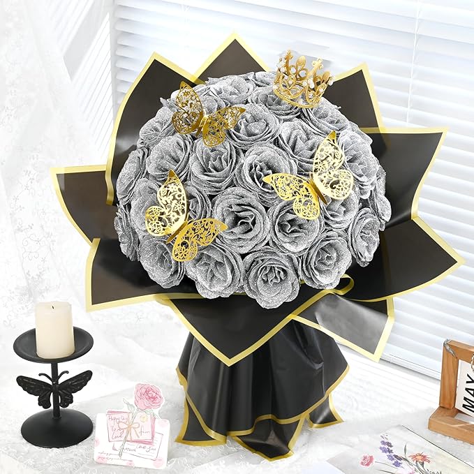 Waipfaru Glitter Roses Bouquet, DIY Fake Flowers Bouquet, Birthday Gifts for Women Mom, 36 Pcs Silver Rose for Grandma Wife Girlfriend Valentines, Mothers Day, Anniversary, Graduation