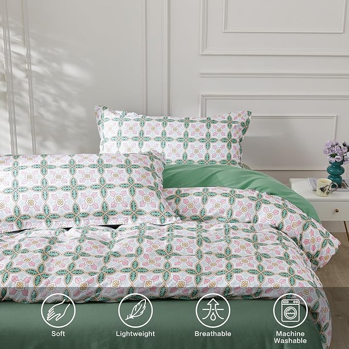 SAPHREAS Queen Size Boho Duvet Cover Green Paisley Bedding Set with 8 Corner Ties and 2 Pillow Shams Microfiber Reversible Duvet Cover Set with Zipper Closure
