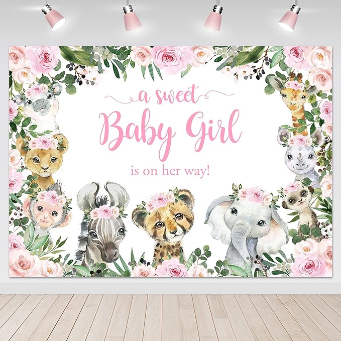 Mocsicka Girl Safari Baby Shower Backdrop Jungle Animals Sweet Baby Girl Background Pink Floral Greenery Baby Shower Party Cake Table Decoration Photo Booth Props (7x5ft)