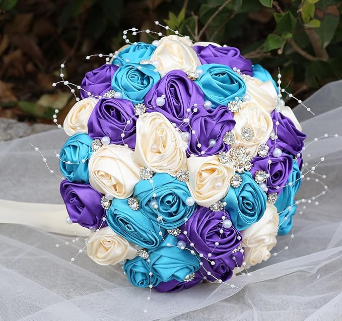 Bridal Wedding Bouquet Round Bling Brooch Bouquet Throw Toss Artificial Rose Flower Bunch for Bride Bridesmaid Wedding Quinceanera(Teal Blue, Purple & Cream, 7.5")
