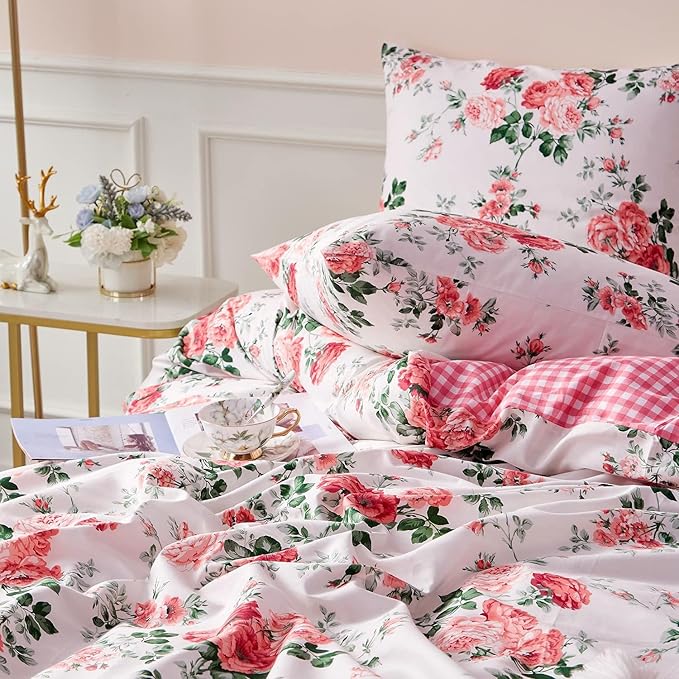 Rose Flower Duvet Cover Twin XL Pink Plaid Grid Floral Duvet Cover 100% Microfiber Girls Flower Comforter Cover with Zipper Closure Cottagecore Bedding Set Botanical Floral Comforter Cover Twin XL