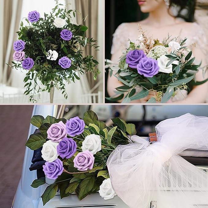 Artificial Flowers 100PCS Purple Roses Real Looking Lilac Foam Fake Roses with Leaves and for DIY Wedding Bouquets Bridal Shower Centerpieces Party Decorations (Purple Series, 100)