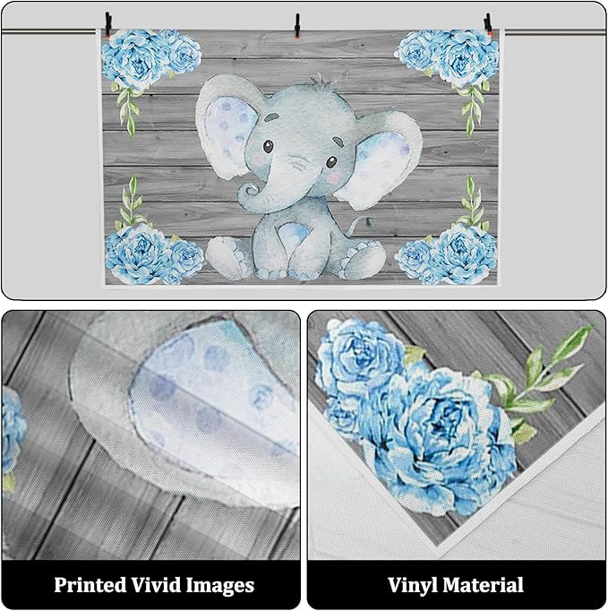 AOFOTO 6x4ft Flowers Wooden Elephant Backdrop Blue Baby Boy Gender Reveal Party Decorations Sweet Floral Baby Shower Photo Shoot Background for Photography Kid Child Birthday Photo Studio Props Vinyl