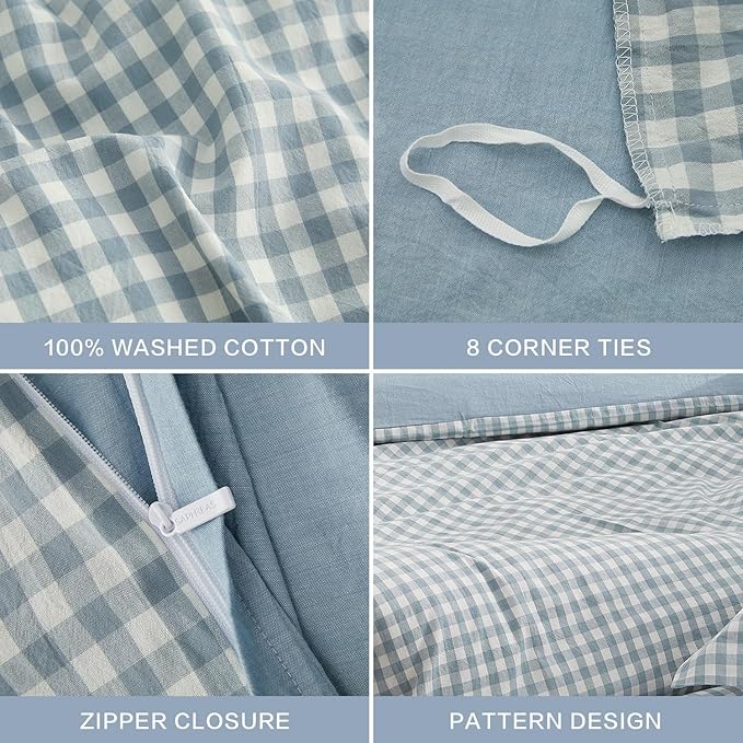 SAPHREAS Twin Size Light Blue Plaid Duvet Cover 100% Washed Cotton Soft Comforter Cover Simple Style 2pcs 1 Blue Grid Duvet Cover 1 Pillow Sham, Comforter Not Included