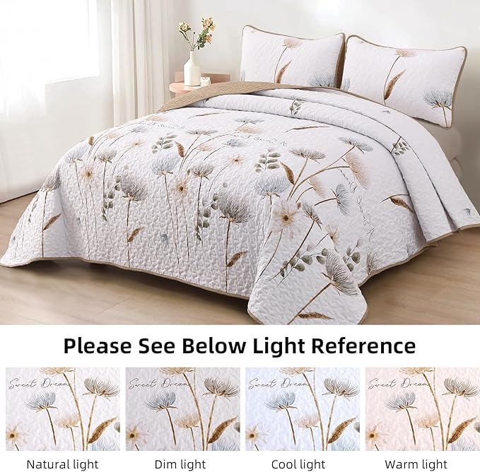 Dinjoy Floral Quilt Set Queen,Beige/Khaki Bedspread Queen Size 3 Pieces Lightweight Fall Quilts Microfiber Farmhouse Bedding Set Soft Flower Bedspreads White Coverlet Sets for All Seasons