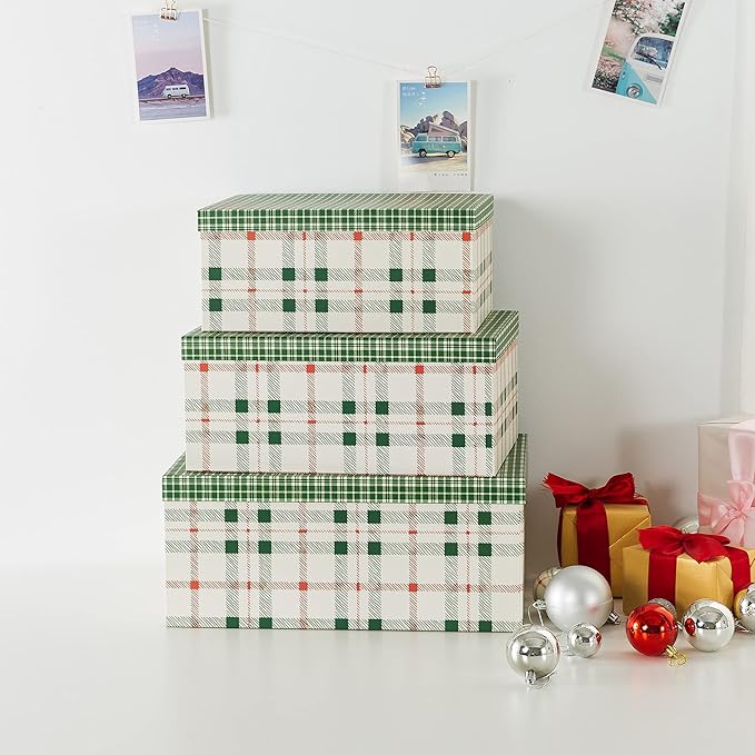 Soul & Lane Plaid Christmas Gift Box - Set of 3: Holiday Decor Storage Box, Decorative Photo Storage, Keepsake Boxes with Lids, Nesting Cardboard Containers for Presents, Seasonal Décor Bins