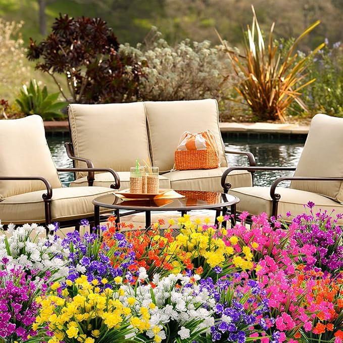 Artificial Flowers Outdoor UV Resistant Fake Plants Indoor Outside Hanging Planter Home Garden Decor, 10 Bundles (Yellow)