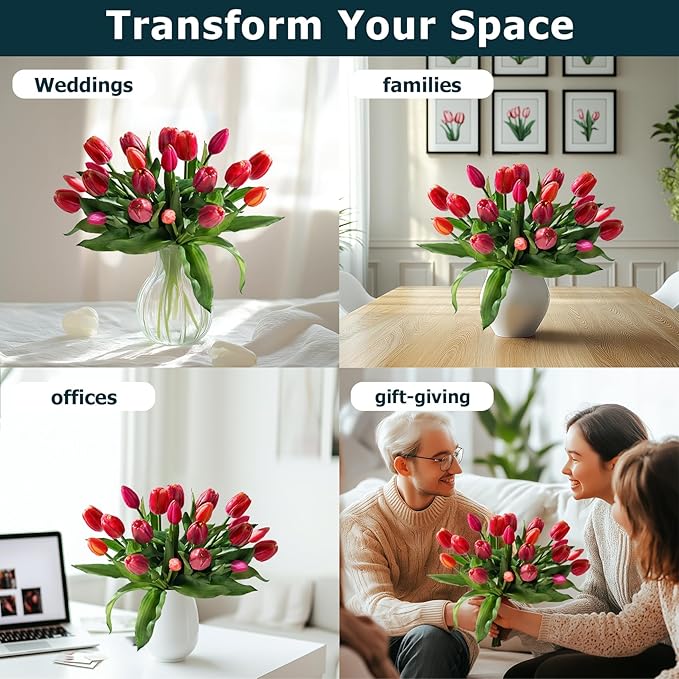 20PCS Fake Tulips Artificial Tulip Silk Flowers Fake PU Bouquet Artificial Flowers Faux Flowers with Gift Box Soft Faux Tulips Bouquets Arrangements for Party Wedding Home