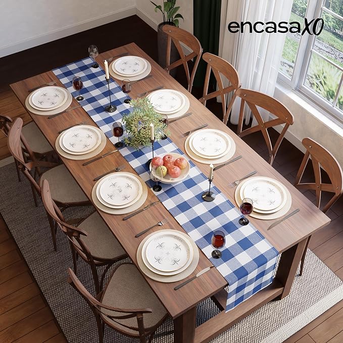 Encasa XO Cotton Dining Table Runner | Buffalo Blue Checks | Size 13x118 in - Machine Washable & Durable