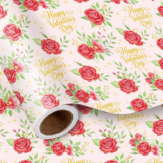 LeZakaa Valentines Wrapping Paper Roll, Pink with Red Rose & Gold “Happy Valentine’s Day” Lettering, Romantic Floral Gift Wrap for Wedding, Anniversary, Birthday, Party, Mini Roll 17in x 16.4 Ft