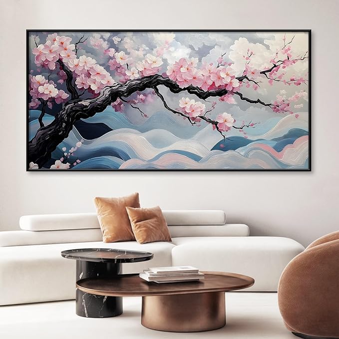 Japanese Cherry Blossom Canvas Wall Art, Sakura Tree Canvas Print, Pink Floral Pictures, Cherry Blossom Tree Wall Art, Flower Branch Decor, Nature Prints for Living Room (Black Framed, 31"x15" | 80x40cm)