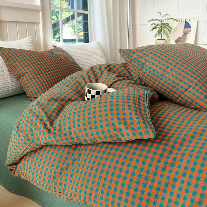 LifeTB Twin XL Comforter Set Orange Green Gingham Comforter with 2 Pillowcases Modern Style Grid Plaid Comforter Set Fluffy Soft Lightweight Gingham Bedding Set Fluffy Checkered Comforter Twin XL