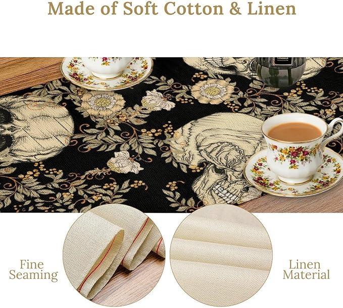 Gothic Table Runner,Vintage Floral Skull Print Table Runner for Home Kitchen Table Dining Garden Farmhouse Wedding Party Decor 13x108 Inch