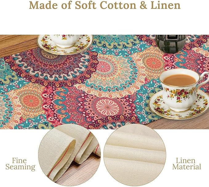 Bohemian Table Runner, Colorful Traditional Blue Pink Mandala Flower Table Runner for Kitchen Dining Cafe Party Decor, 13x90 Inch