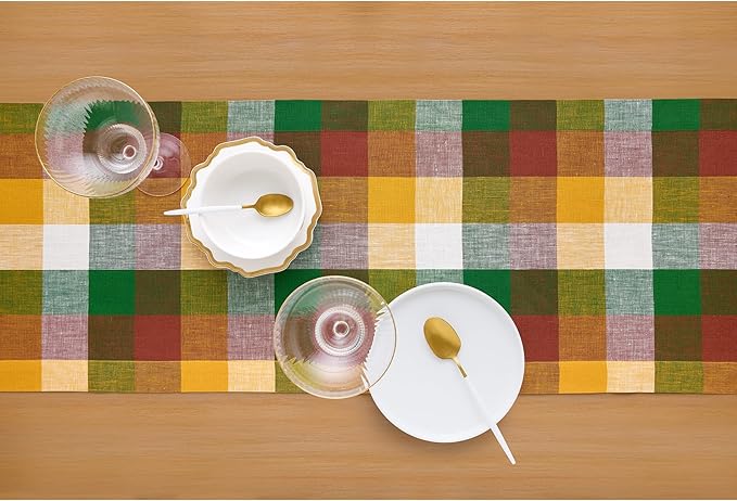 Solino Home Checkered Linen Table Runner 36 Inches - 100% Pure Linen Fall Multicolor Buffalo Check Table Runner 14 x 36 Inch Ideal for Dresser and Coffee Tables
