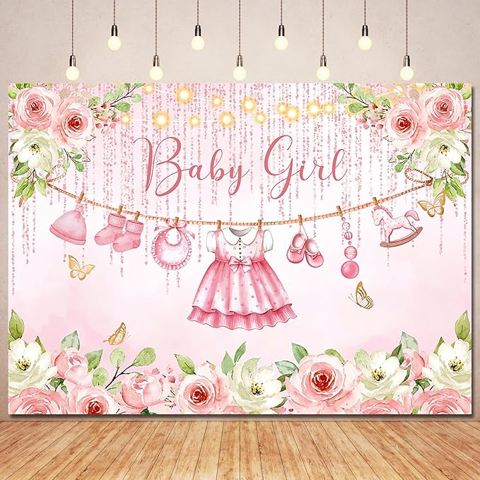 Pink Floral Baby Girl Baby Shower Backdrop Decorations,Cute Clothes Its a Girl Banner Back drops Rose Gold Flower Photography Background for Baby Shower Party Supplies Photo Booth Props 10x7ft